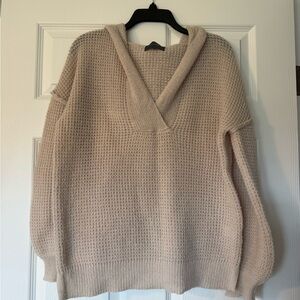 Relaxed V-Neck Hooded Sweater in Light Taupe
